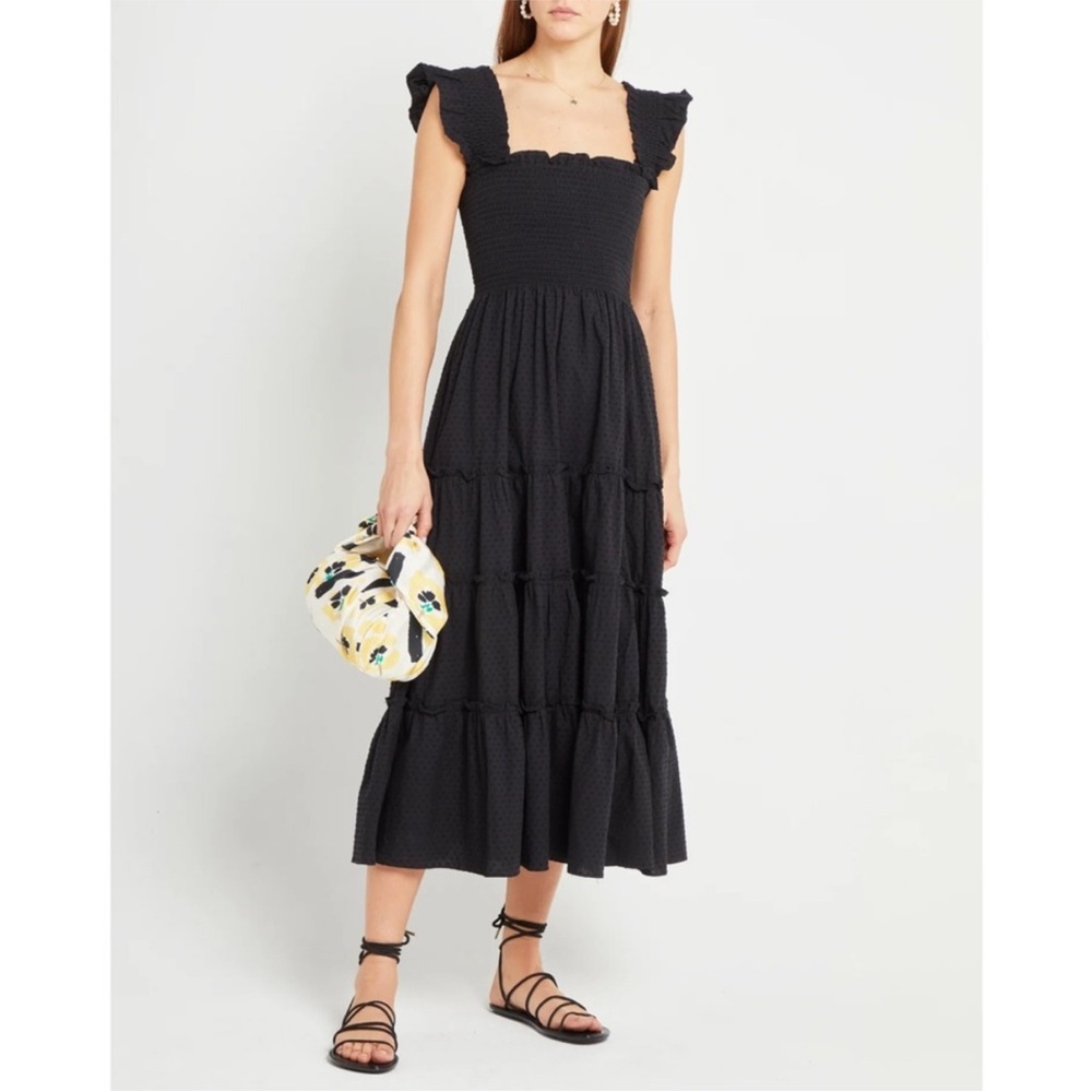 kourt Anthropologie Calypso Swiss Dot Maxi Dress in Vintage Black